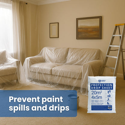 Shield Guard Pro waterproof plastic drop cloth 4x5m protecting furniture and floors during painting and construction
